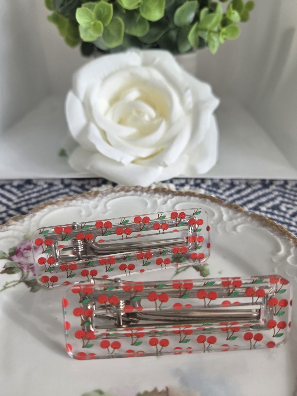 Cherry Print Rectangular Resin Hair Clips - Red & Green
